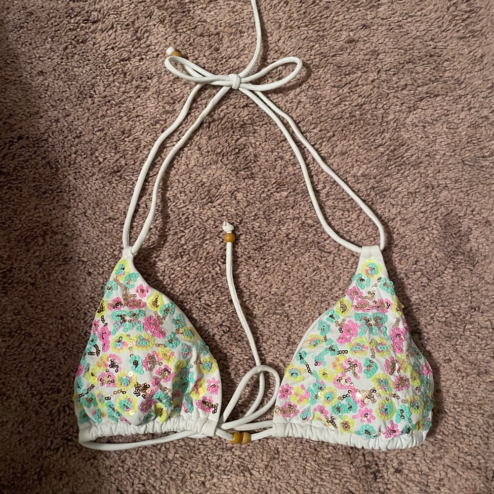White sequined triangle Bikini Top